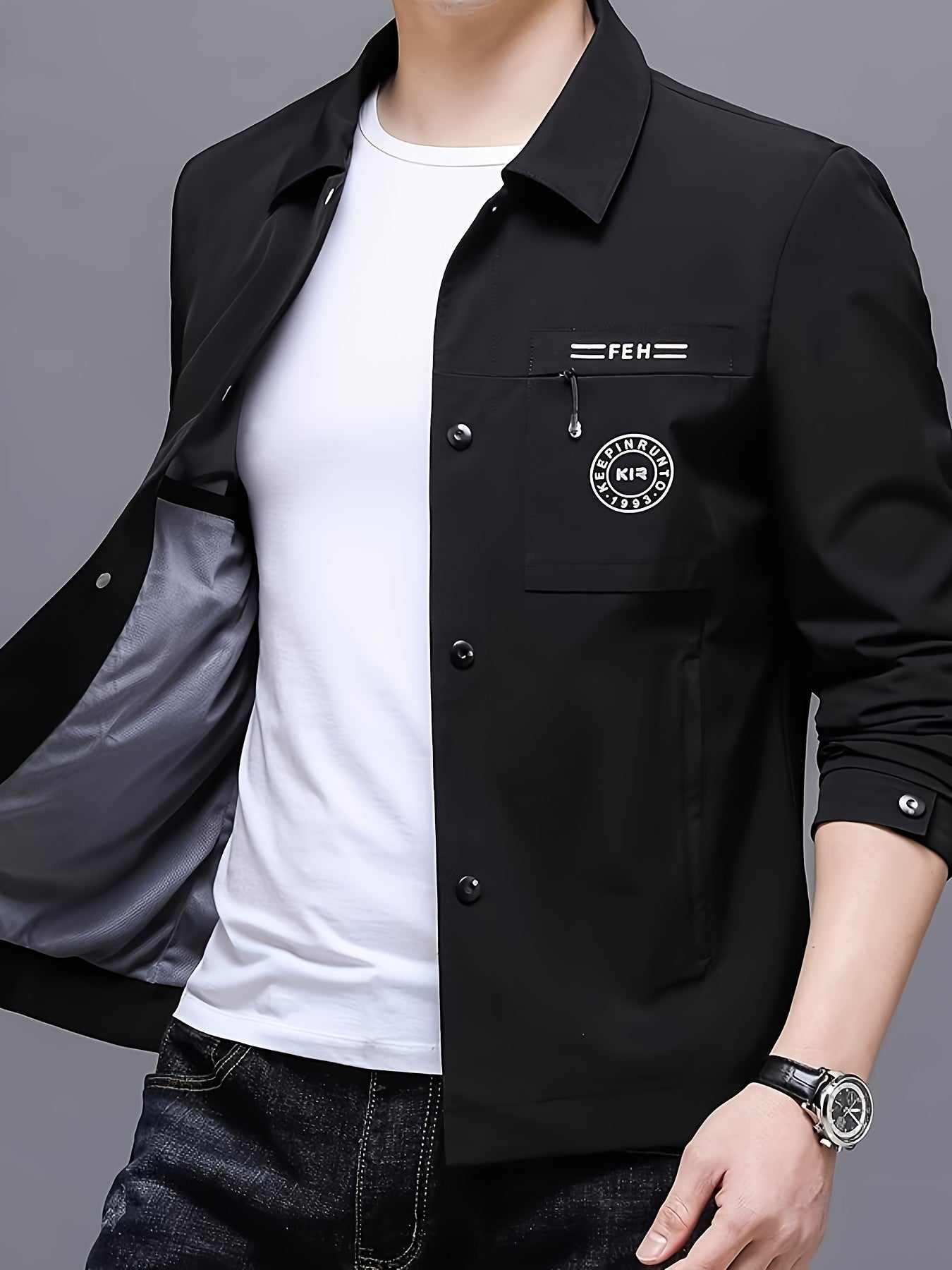 Men's stylish black button-up jacket featuring a "FEM" patch, perfect for casual and formal events in fall and spring. Made of polyester, single-breasted, and long-sleeved.