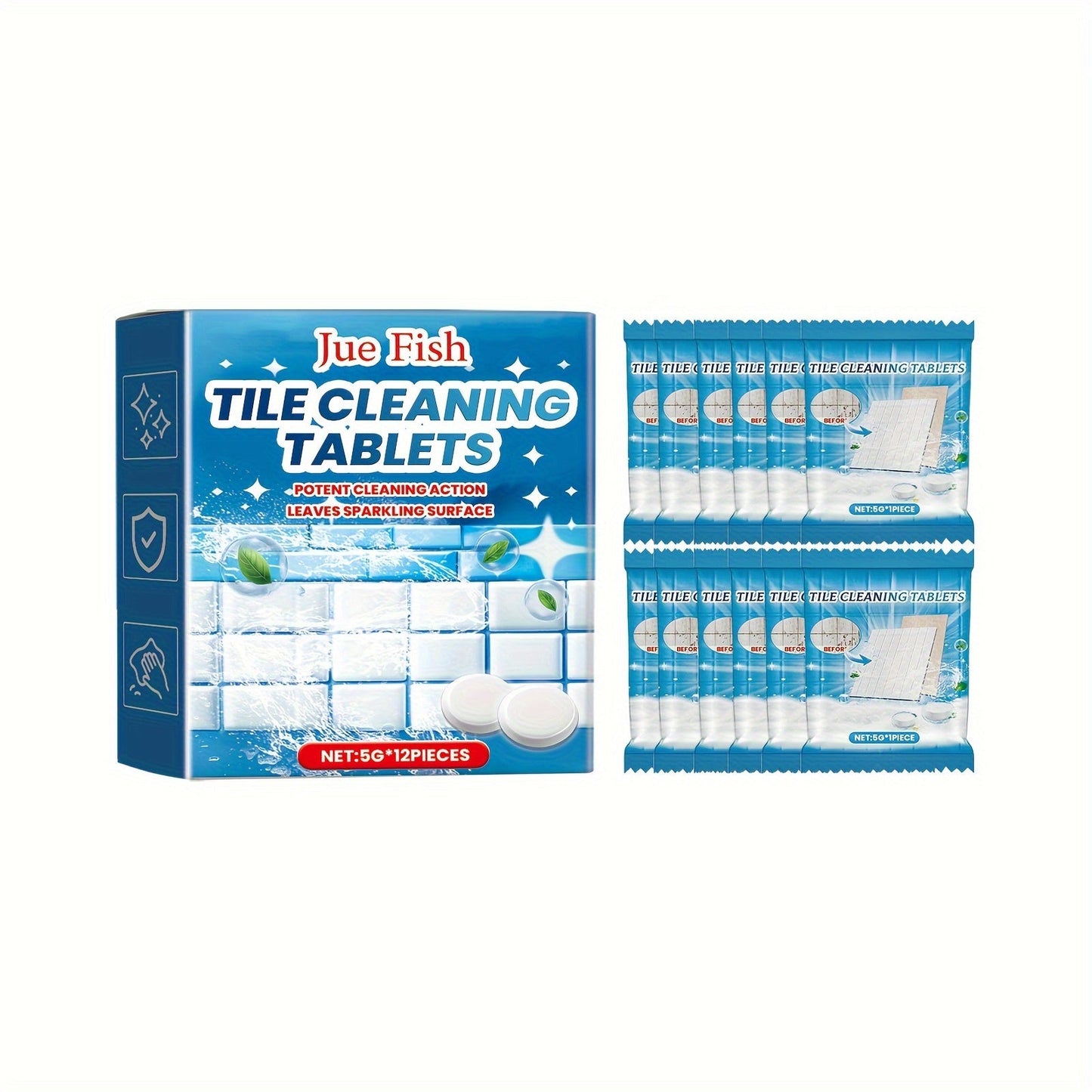 Effervescent tablets for cleaning tiles, suitable for use in the home, kitchen, toilet, washbasin, and walls. Effectively removes grime and scale, leaving tiles clean and bright.