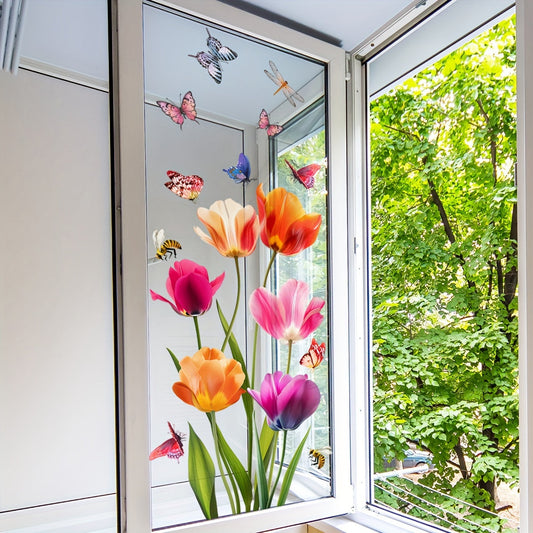 Vibrant Tulip Bouquet Window Cling - Dual-Sided, Easy to Remove Electrostatic Glass Decal for Decorating Home & Office.