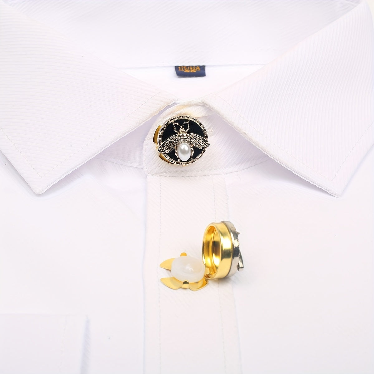 Get a pair of elegant Golden Bee cufflinks and shirt buttons set for a fashionable and seamless look. Made of shiny copper, these clip-on buttons are perfect for formal tailcoat attire and add a touch of luxurious decoration to your clothing. This fancy