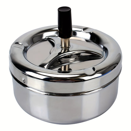 Durable stainless steel ashtray with rotating lid for home, office, hotel.