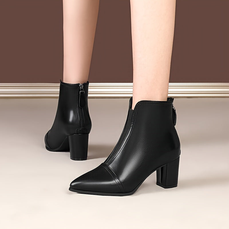 French black ankle boots with a mid-heel, pointed toe, and versatile style for women's winter.