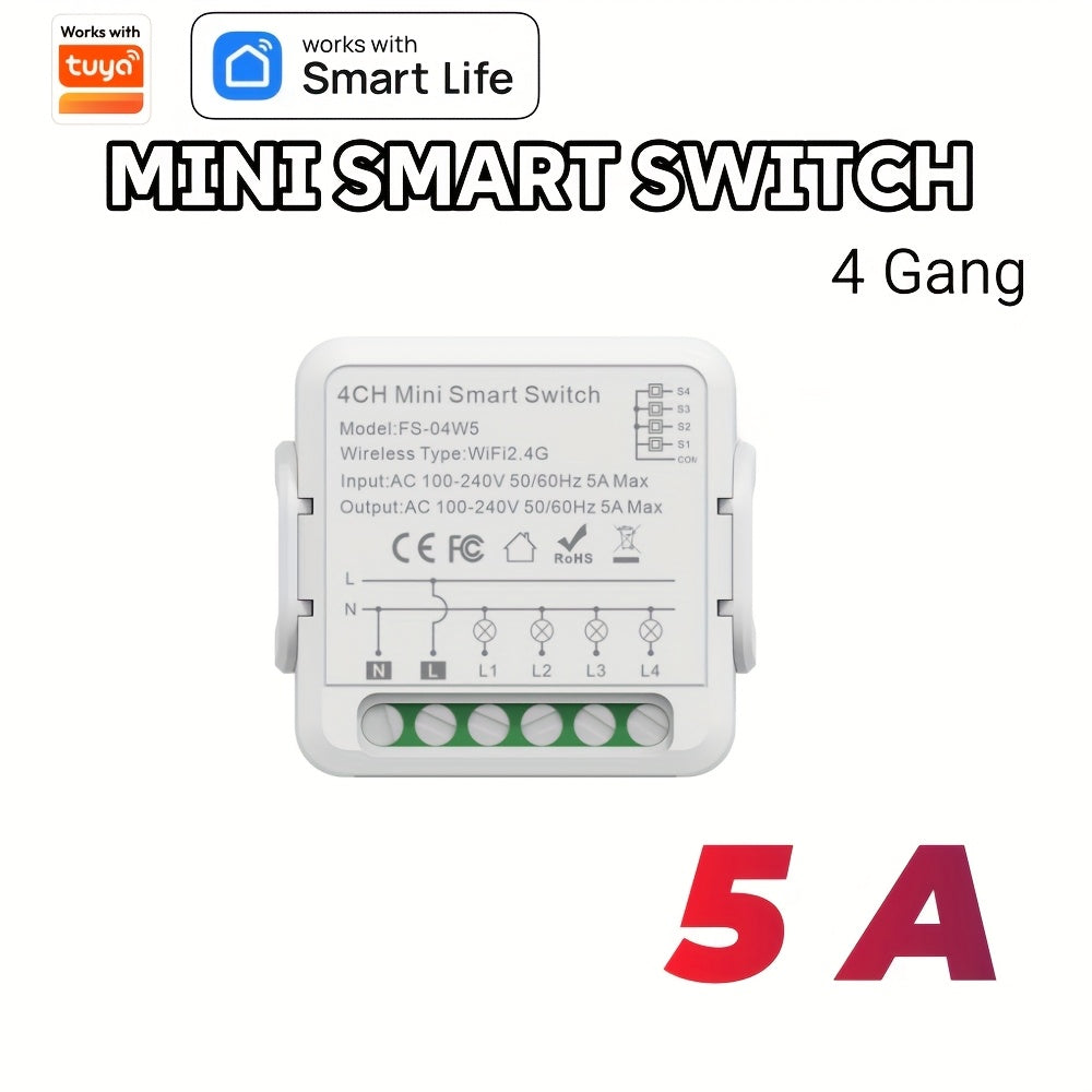 WiFi Mini Smart Switch with Voice & App Control, Timer Function, No Hub Required, Compatible with Alexa/Google Home, Available in 1/2/3/4 Gang options.