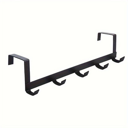 Modern black metal door hanger with 5 hooks, rust-proof and easy installation for towels and clothes.