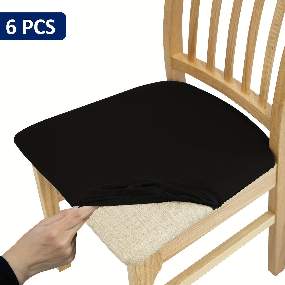 4/6 piece elastic chair cushion cover in various solid colors. Easy to install and ideal for protecting furniture in living rooms, kitchens, and restaurants.