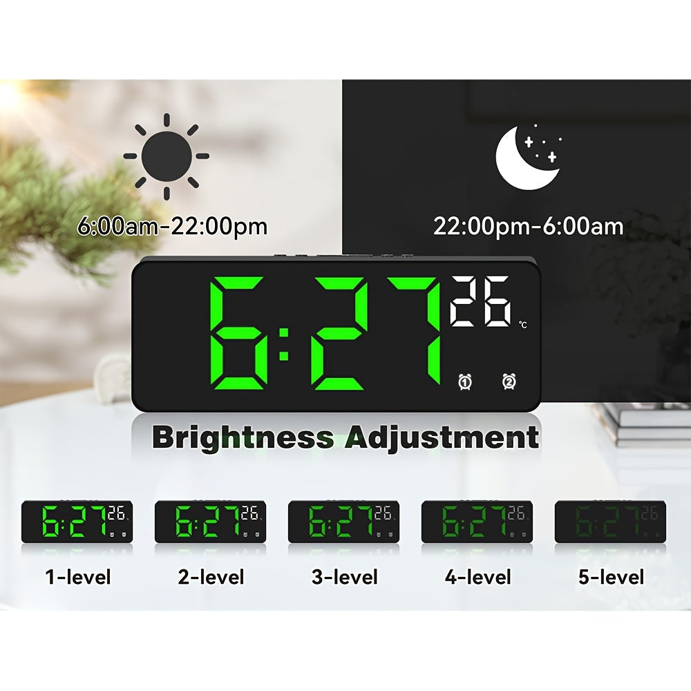 Fantasy-themed digital alarm clock with mirror surface, LED display, temperature, date, voice control, and customizable alarm settings.