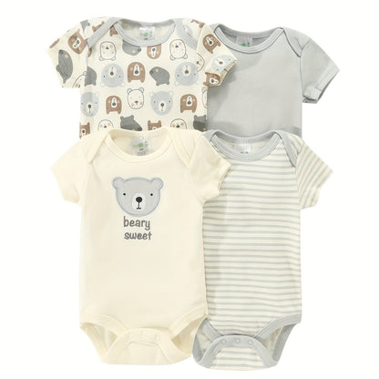 4-piece set of newborn short sleeve one-piece suits with alphabet print and embroidery. Suitable for babies aged 0-9 months.