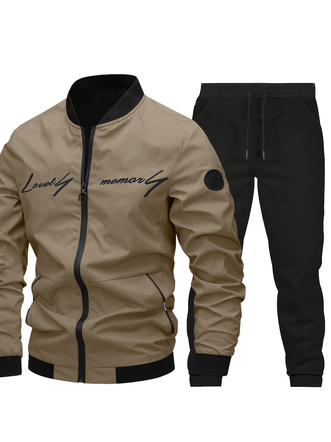 Men's Classic Bomber Jacket & Jogging Pants Set in sleek black with letter embroidery. Made of durable polyester with elastic cuffs and waistband. Ideal for outdoor activities and casual