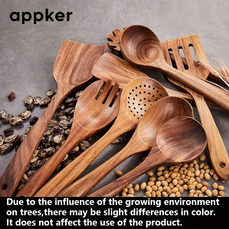 Set of 9 Acacia Wood Kitchen Utensils - Includes Cooking Spoons, Spatulas, Noodle & Fish Fryers - Made from Natural Wood, Food-Safe, Non-Stick, and Durable Cookware for All Ingredients