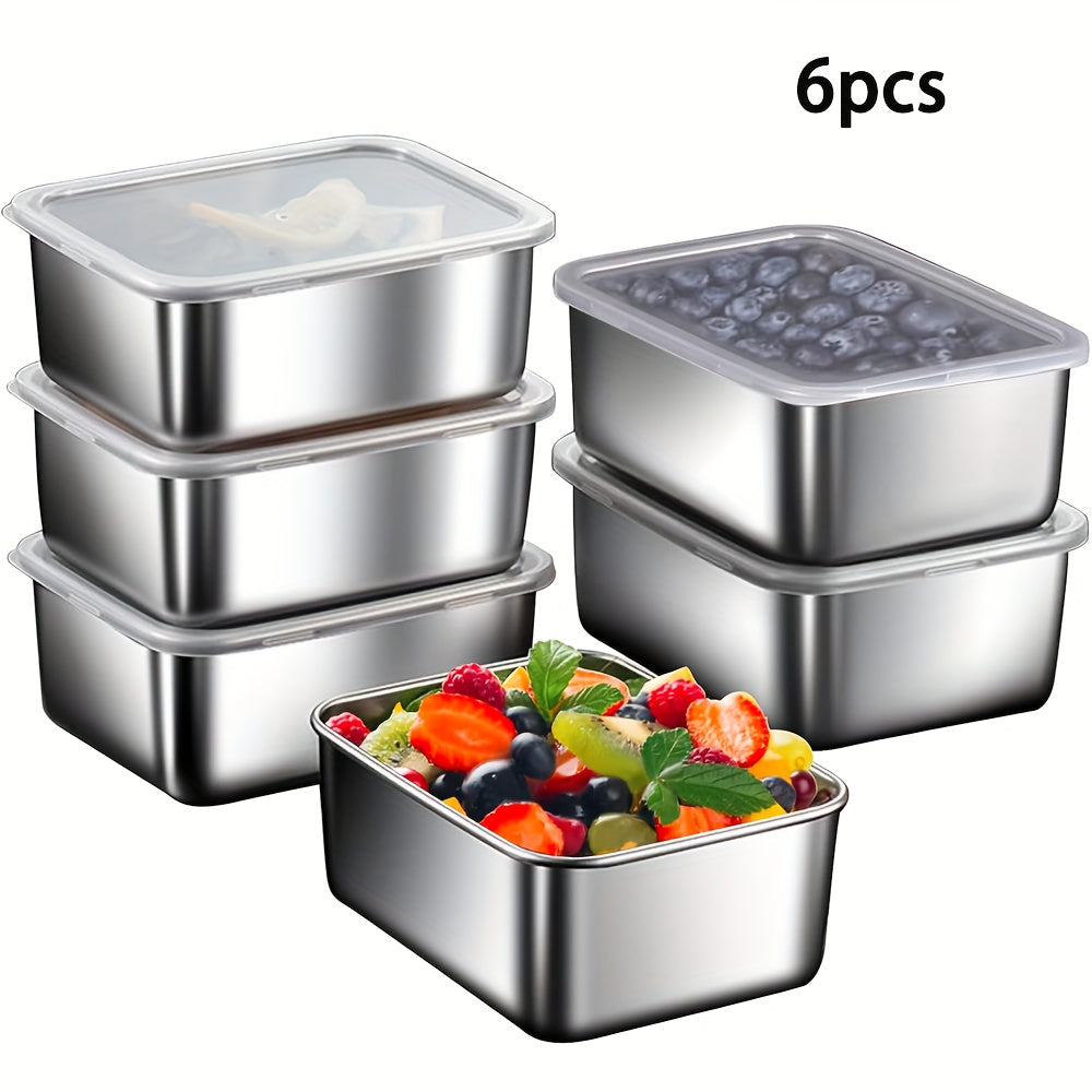 Set of 6 stainless steel food storage containers with lids - Designed to prevent leaks, stackable for easy storage, made without BPA, ideal for keeping food fresh in the kitchen, camping, picnic, school, or office - Safe for food contact, no need for