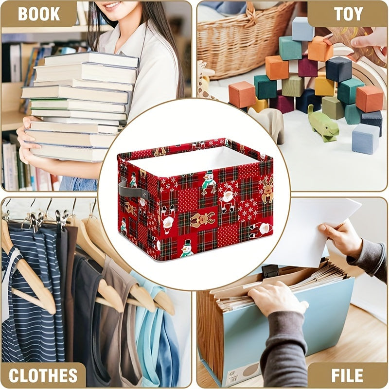 Get ready for the holidays with this Christmas-themed fabric storage basket featuring a charming Santa and reindeer design. This folding holiday organizer bin is perfect for use in the home, bedroom, or office, and comes with convenient handles for easy