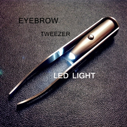 LED light stainless steel eyebrow tweezer with non-rechargeable battery-powered precision grooming tool.