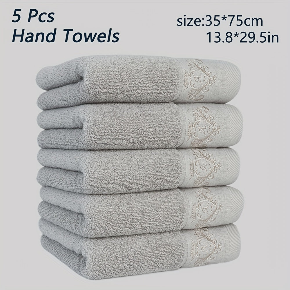 5 soft cotton hand towels with crown embroidery, quick-dry, absorbent, thick (35x75cm) for bathroom, shower, hotel, gym, spa. Available in dark gray, light gray, white, beige, teal blue. Can also be used as bath towels.