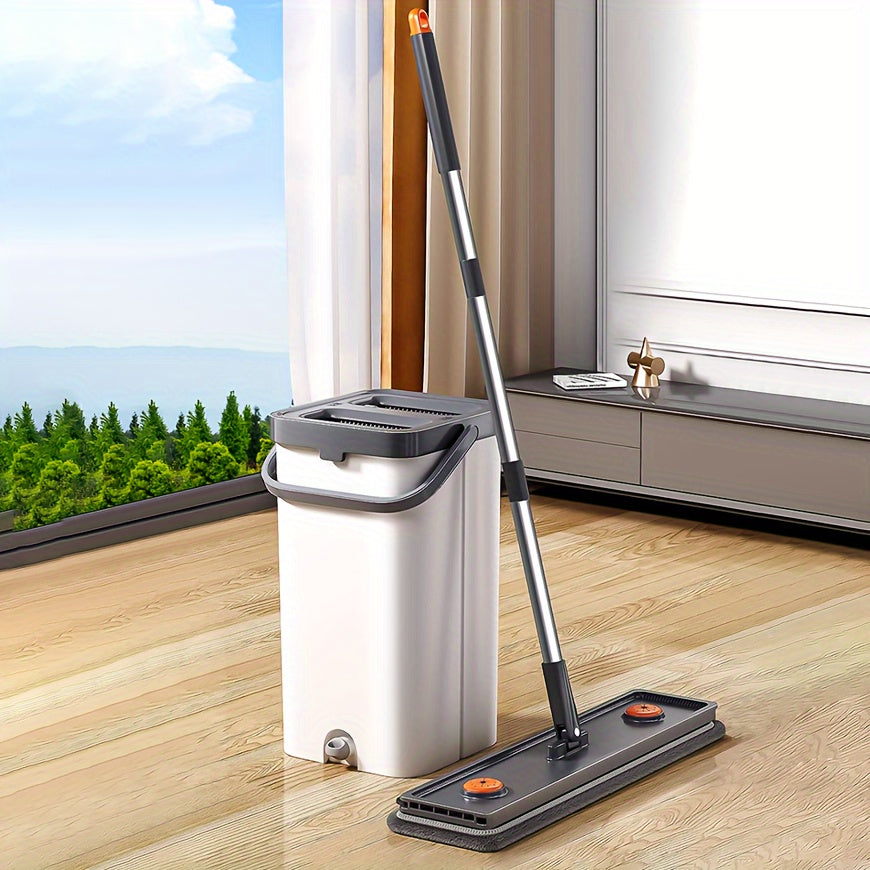 This Flat Mop and Bucket Set is a versatile cleaning system made of durable ABS material. It features self-wringing technology for easy use in various areas of your home including the living room, bedroom, bathroom, kitchen, floors, walls, and glass.