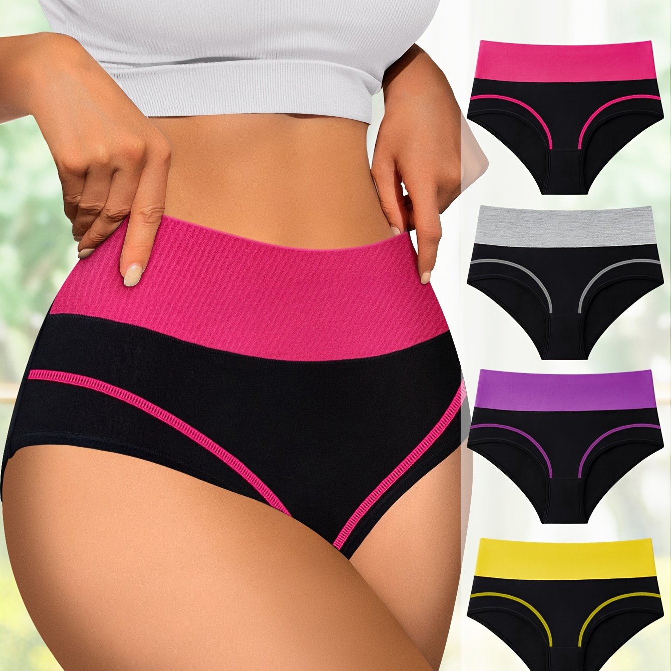 4 high waist tummy control panties with contrast color, comfortable fit.