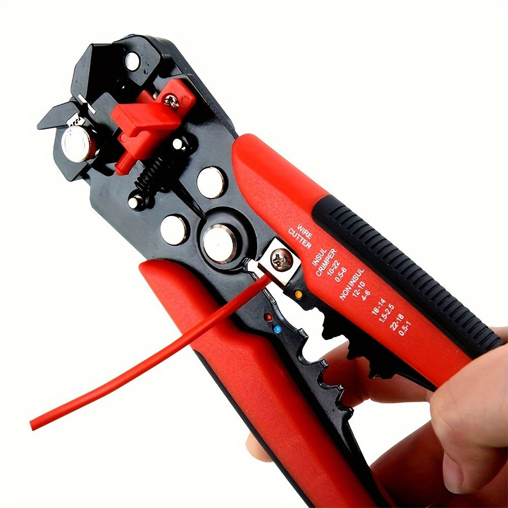 Electrician's automatic wire stripper for 24-10AWG range, with quick peel and cut capabilities. Ideal for home improvement, appliance repair, and auto maintenance. It features a non-slip