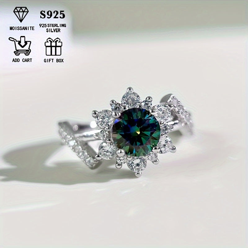 This Sunflower Ring in S925 Sterling Silver is adorned with a stunning 1Ct Colored Moissanite. It is low allergic and exudes an elegant, bohemian style that is perfect for both daily wear and weddings. Presented in a Moissanite gift box, this ring is