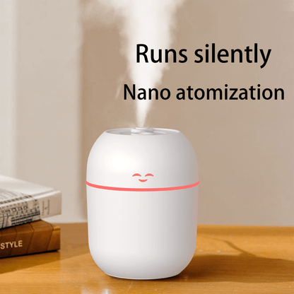 Compact USB-powered essential oil diffuser holds 7.44oz, doubles as humidifier and night light, with cute face design for car and home.