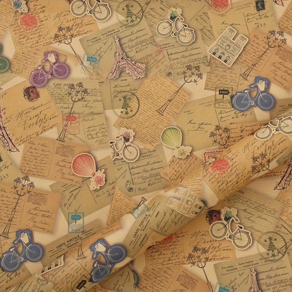 Kraft paper packaging with vintage English newspaper design, featuring creative Eiffel Tower and bicycle prints.