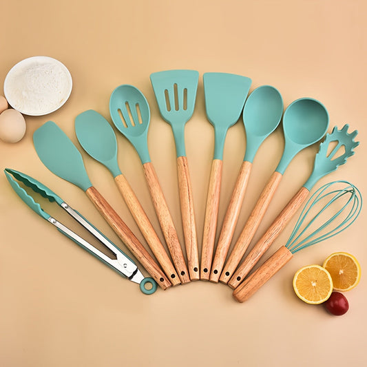 Silicone Kitchen Utensil Set - Includes 10 Pieces of Heat Resistant, Nonstick Cooking Tools with Wooden Handles - Dishwasher Safe - Ideal for Holidays and Everyday Cooking