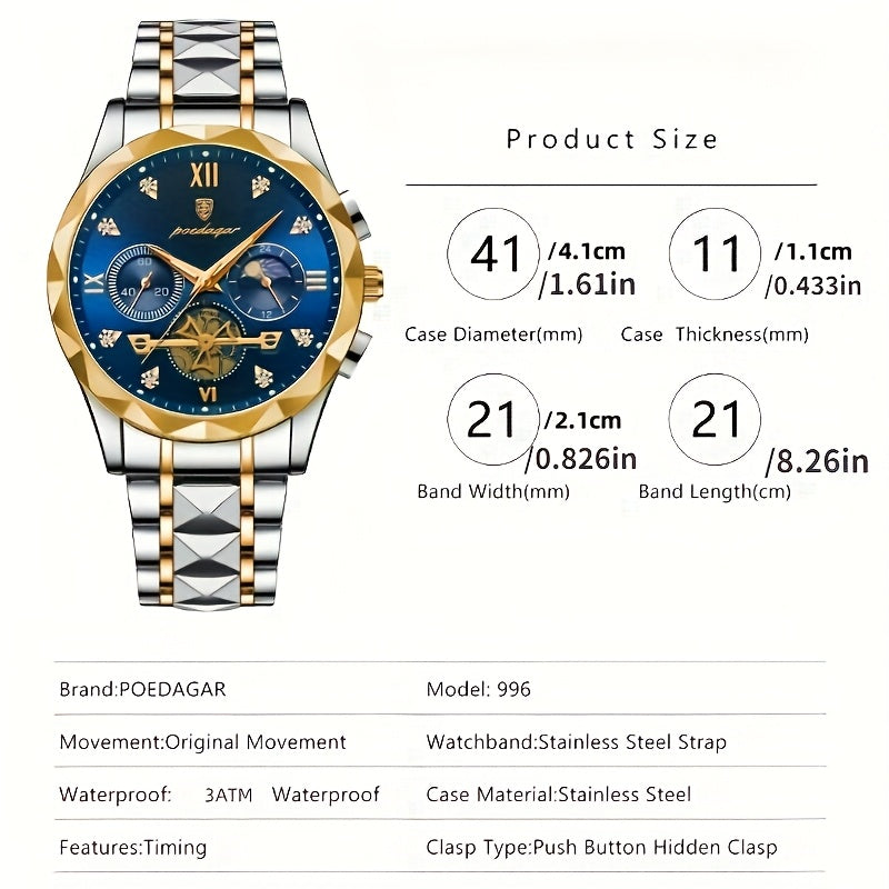 New luxury stainless steel waterproof watch for men and women, perfect for leisure and business, ideal gift for both genders.