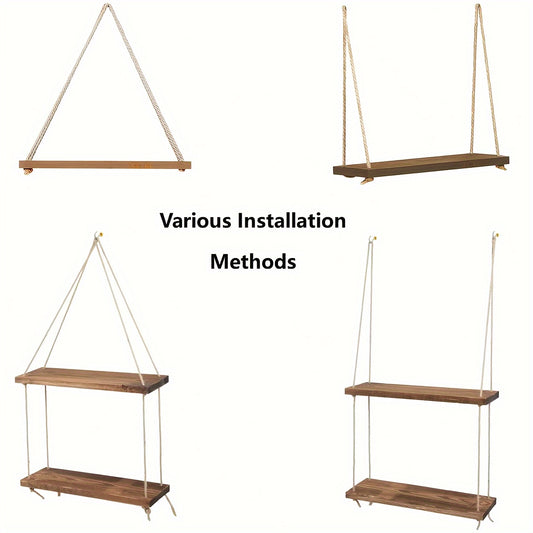 Wooden Swing Wall Rack with Hanging Rope for Plant Pot Storage and Garden Decoration in Floating Home Living Room.