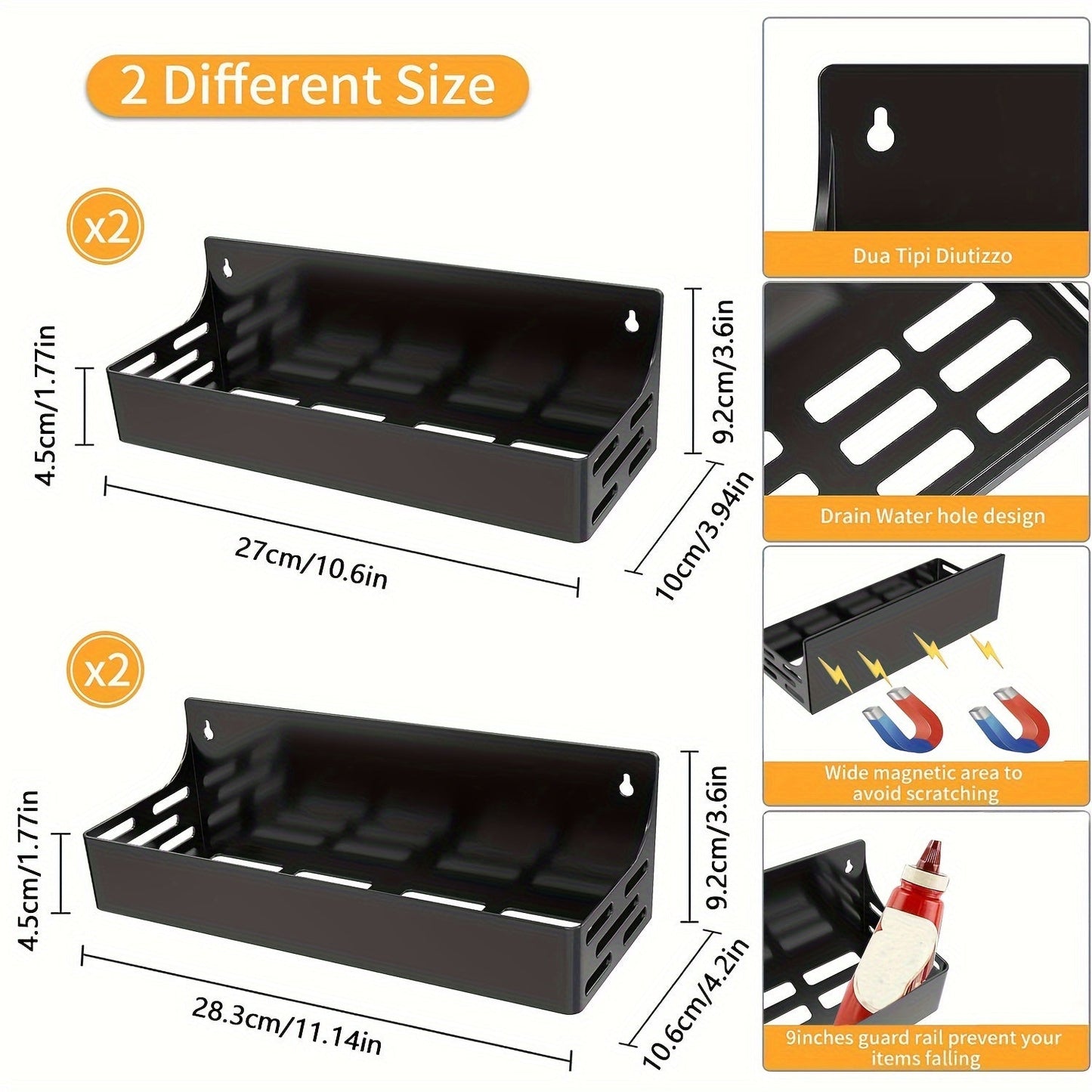 Magnetic Refrigerator Rack Set of 1, 2, or 4 Pieces, Non-Perforated Metal Shelf for Kitchen Seasoning Storage, Wall-Mounted Refrigerator Shelf