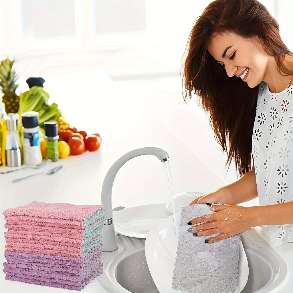 Package of 18 modern microfiber cleaning cloths designed with a knit fabric weave for extra softness. These oblong-shaped cloths are versatile and can be used as dish towels, kitchen wipes, and non-shedding scouring pads. Suitable for various areas