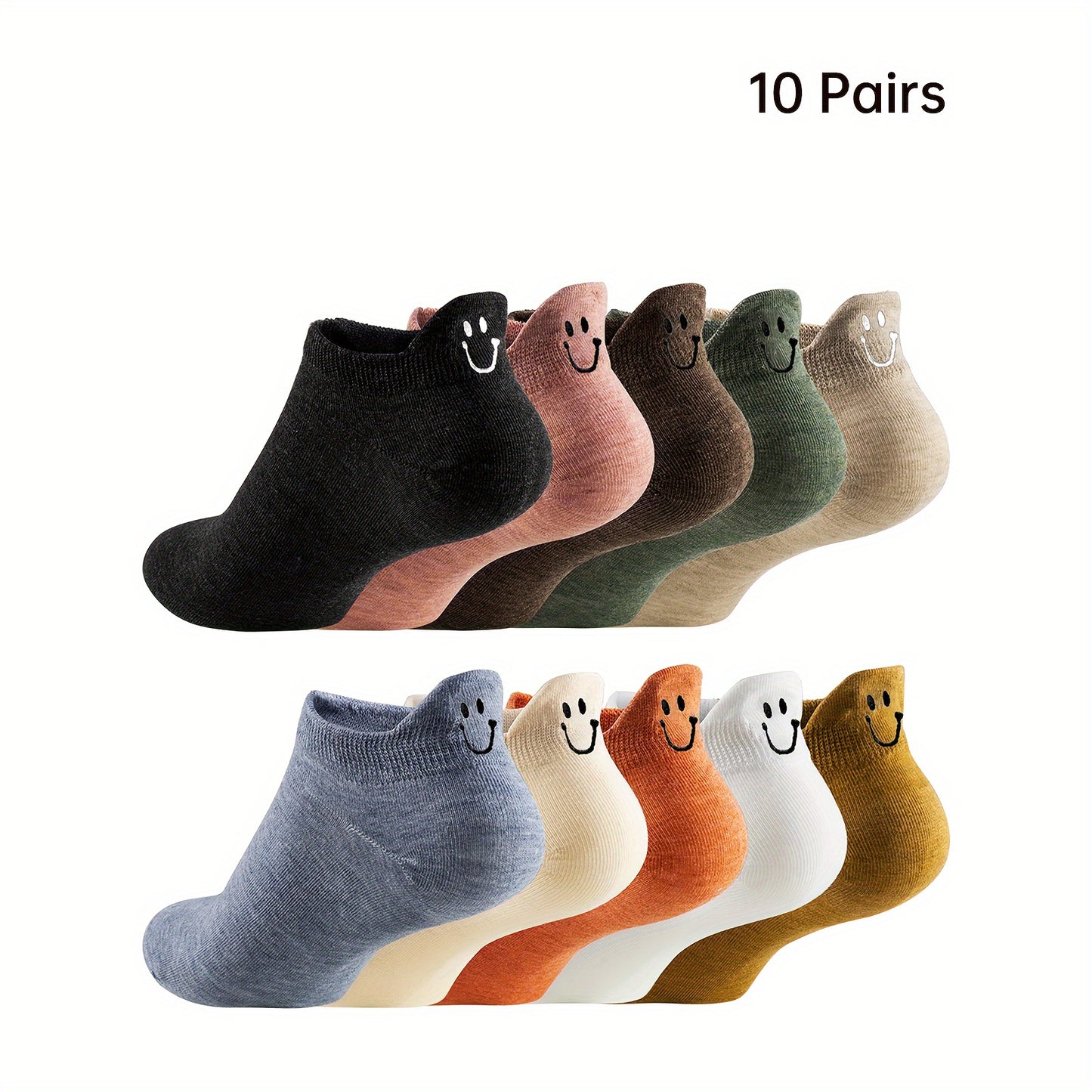 20 Pairs Simple Smiling Face Embroidered Ankle Socks for Women, Comfortable and Breathable.