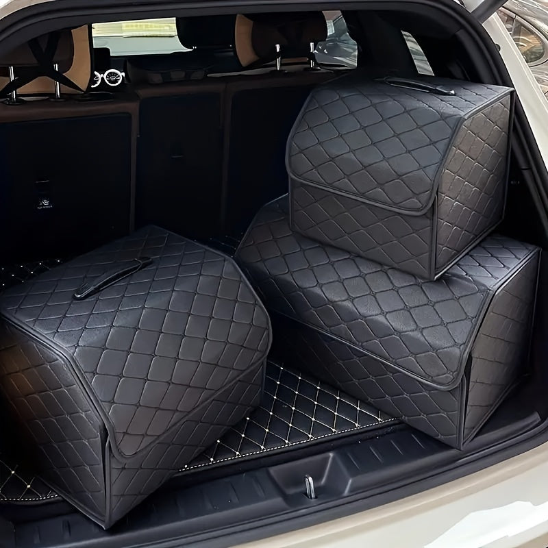 Black quilted PU leather car trunk organizer for SUV & Sedan trunks, providing durable and stylish interior storage.