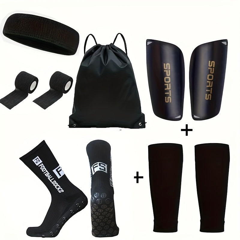 FS Sports 6-piece set for men and women includes non-slip socks, calf sleeves, drawstring backpack, headband, sports tape, and leg sleeves. Perfect for soccer, yoga, and outdoor activities.