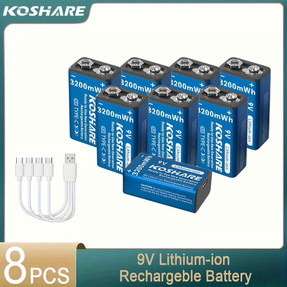 KOSHARE 9V 3200mWh Rechargeable Lithium Battery with Type-C Charging and Data Cable for Various Devices and Events