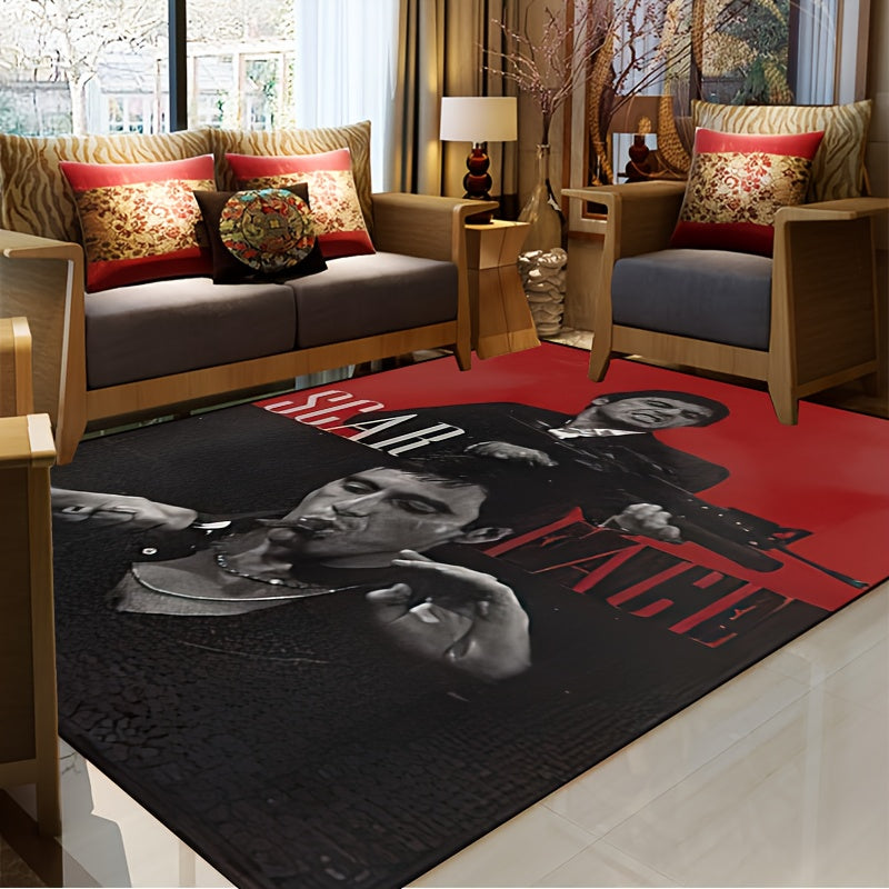 Area rug featuring a scarred man with a cigar and gun design, made of durable polyester, non-slip, and machine washable. Perfect for use in the living room, bedroom, hallway, or even outdoor spaces. Available in various sizes: 15x23, 19x31, 31x47, 39x59