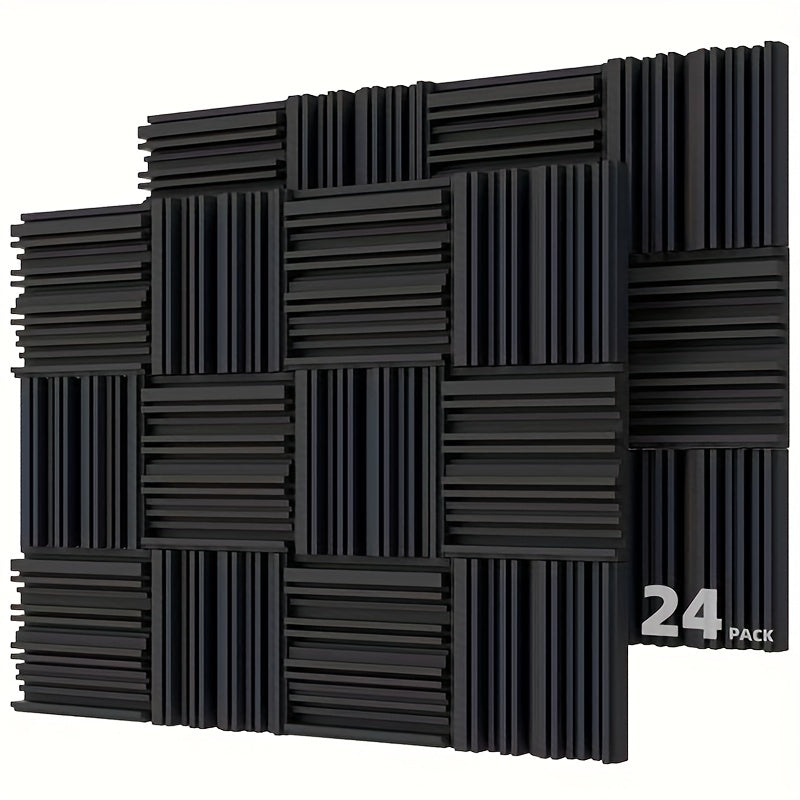 24-pack of black acoustic foam panels, fire-resistant soundproofing sponge for studio walls, measuring 2" x 10" x 10" (25x25x5cm).