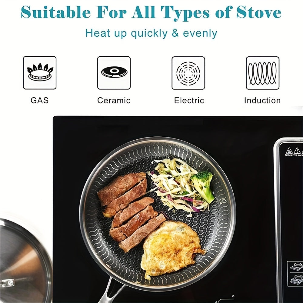 Enjoy even cooking with the versatile Tri-Ply Stainless Steel Frying Pan! Featuring a honeycomb design and a glass lid, it is compatible with all stove types and is dishwasher safe for easy cleaning.