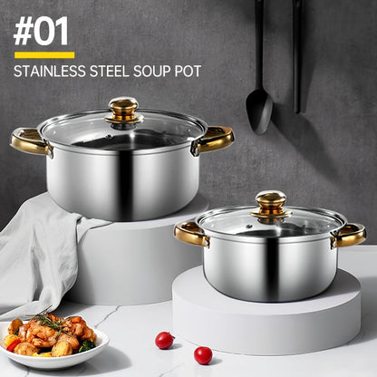 Stylish 12-Piece Stainless Steel Cookware Set includes Kitchen Pots and Pans with Lids, Soup Pot, Saucepan, and Water Kettle. Durable Finish and Southeast Asian Style make this a must-have for your Kitchen Essentials.