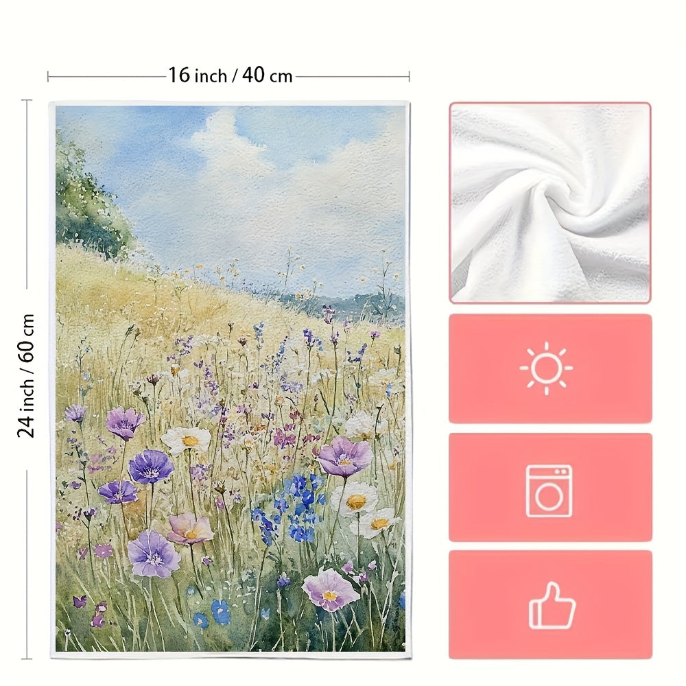 Two pieces of ultra soft kitchen towels with a vibrant wildflower meadow design. These highly absorbent and machine washable dish hand towels are perfect for contemporary coastal decor. Each towel measures 40.64x60.96 cm. Ideal for use as dish towels.