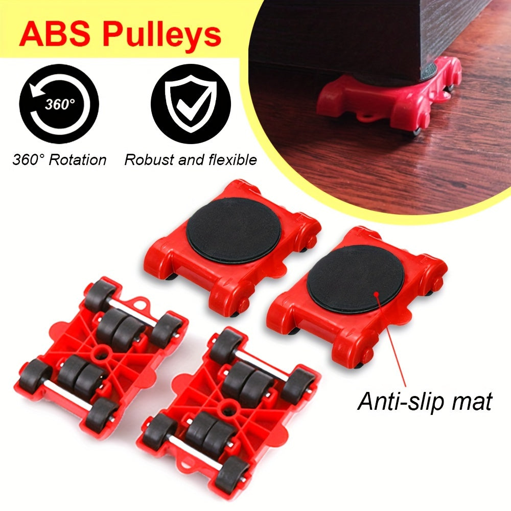 5-piece set of heavy duty furniture lifter mover rollers with wheel bar for easier furniture moving.