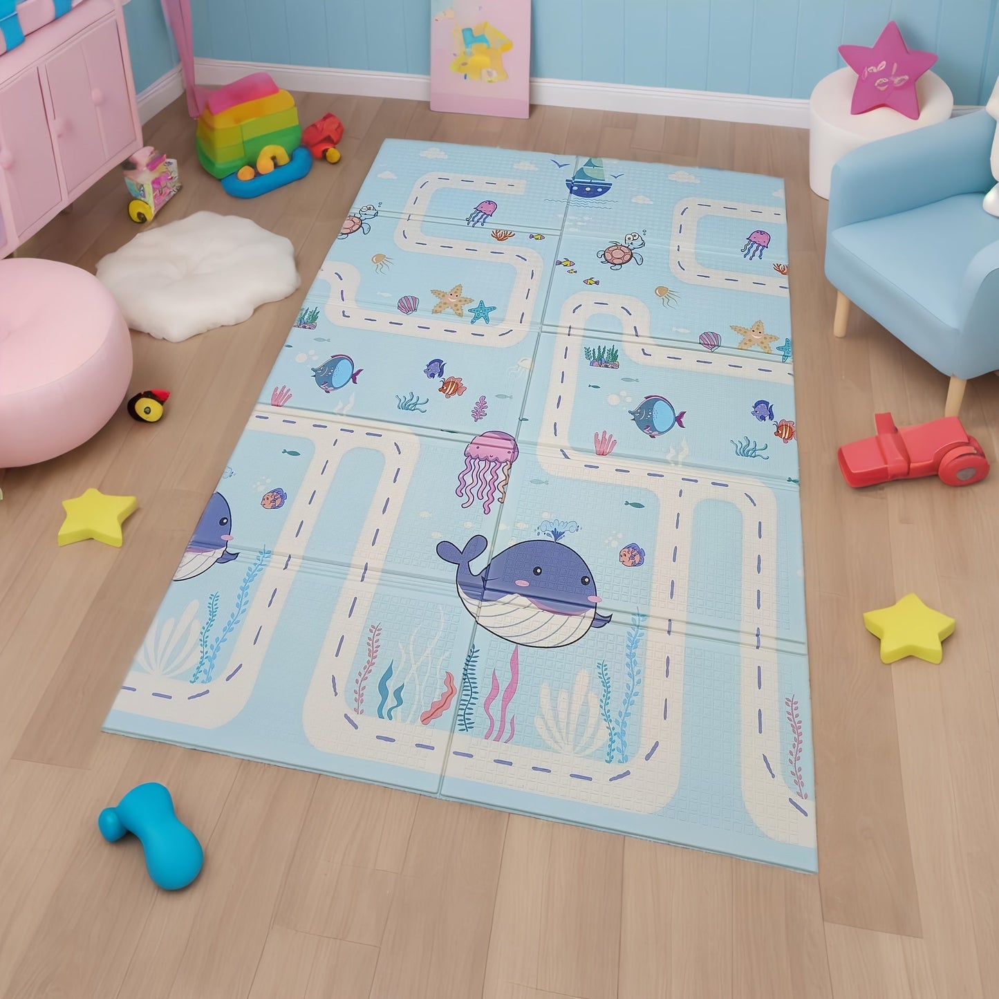 One Piece Folding Cartoon Game Mat for Living Room and Bedroom. Thick, Waterproof, and Double-Sided for Floor and Play Area, Comes with a Handbag for Easy Storage. Great for Crawling and Playtime.