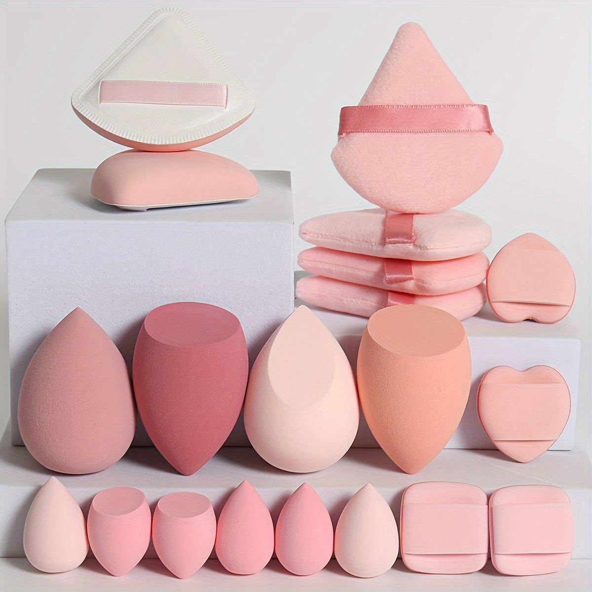 A 20-piece candy set includes various beauty sponges for blending makeup and covering imperfections. Latex-free and suitable for all skin types.