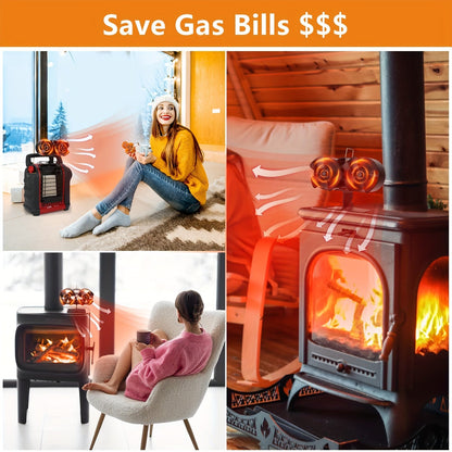 Wood stove fan with dual motor, 8 blade design, and magnetic thermometer. Perfect for use with eco-friendly heat sources like wood burning stoves, wood pellets, and more during the winter months.