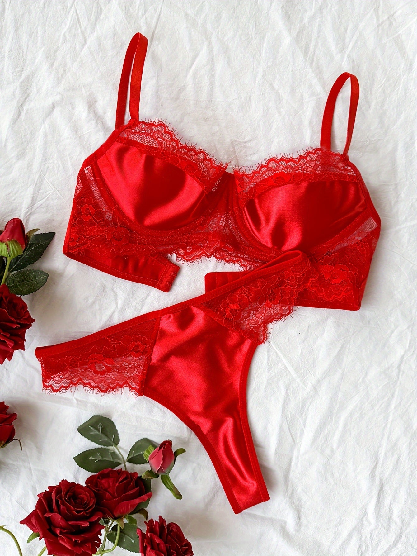 Valentine's Day Set: Women's Eyelash Lace Satin Longline Underwire Bra and Thong