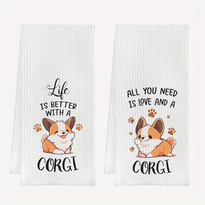 These 2 kitchen towels, measuring 45.72*66.04 cm, feature unique designs that are perfect for fitness parties, holiday gifts, and dog lovers. With a fun "Life Is Better with a Corgi" saying, these dish towels are ideal for women and girls who enjoy humor