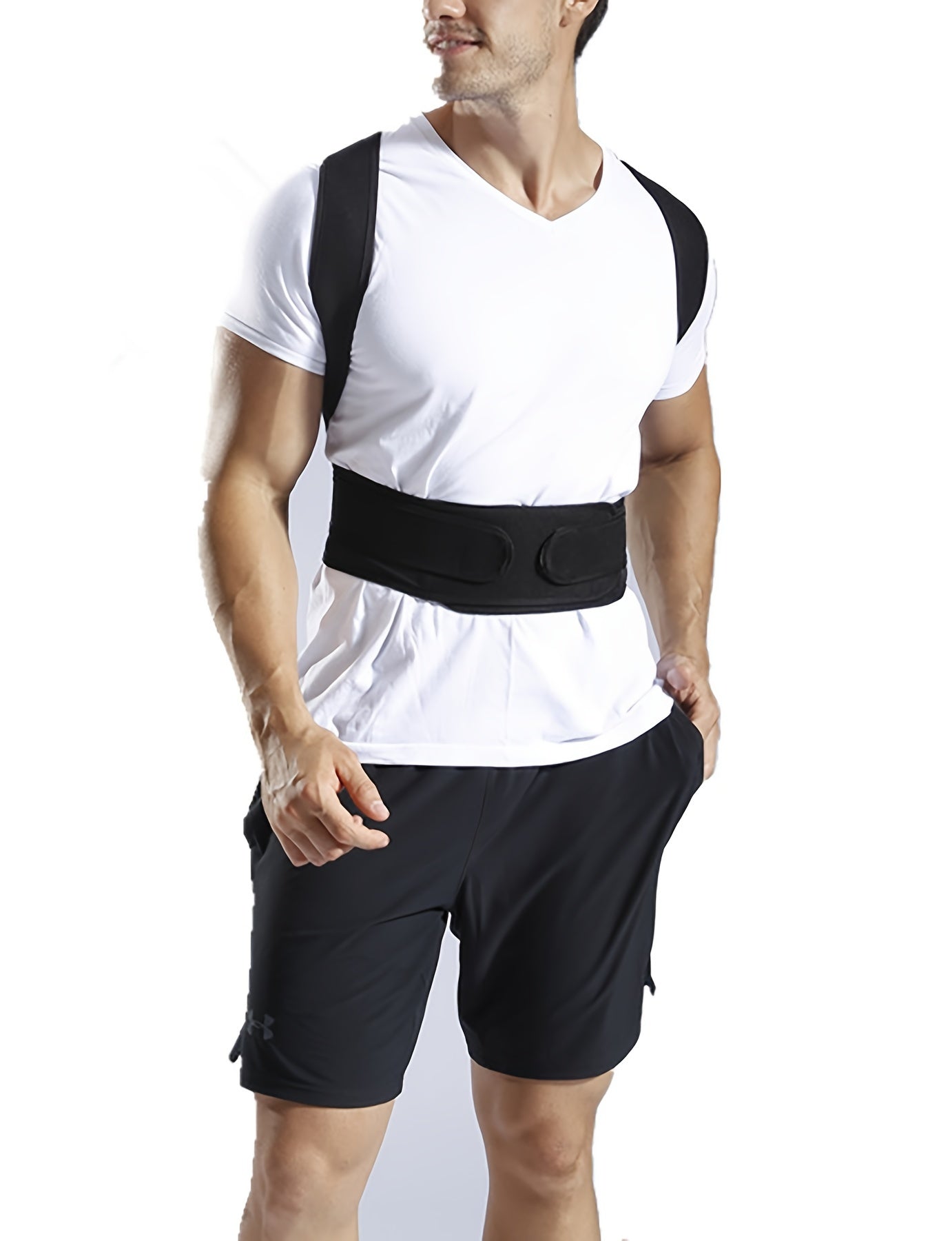 Flexible posture corrector vest with lumbar and shoulder support for improved posture and back pain relief.