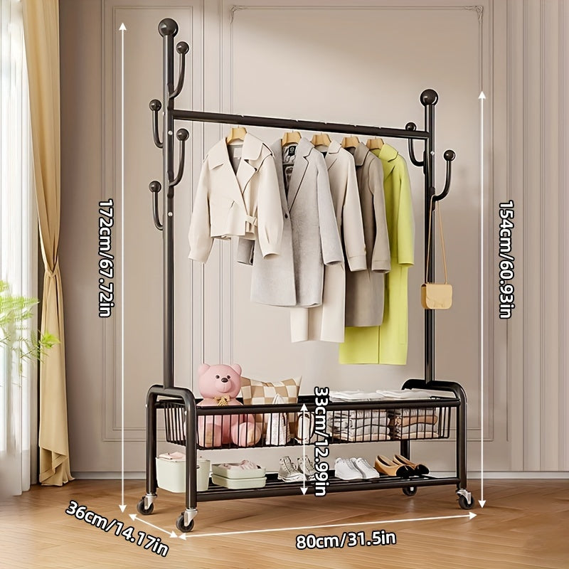 Multifunctional Rolling Coat Rack with 6 Hooks & Shelf - Strong Metal Construction, Perfect for Hanging Clothes, Jackets, Skirts, Coats, Scarves - Sleek Black Finish