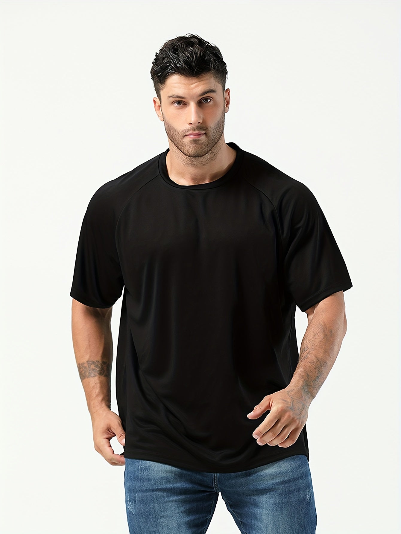 Plus-size men's moisture-wicking short-sleeve T-shirt for casual sports.