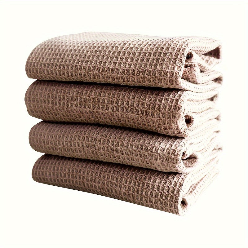 4 Ultra Absorbent Waffle Weave Dish Towels - Thick, Soft Cotton Kitchen Rags for Cleaning & Drying - Modern Square Design