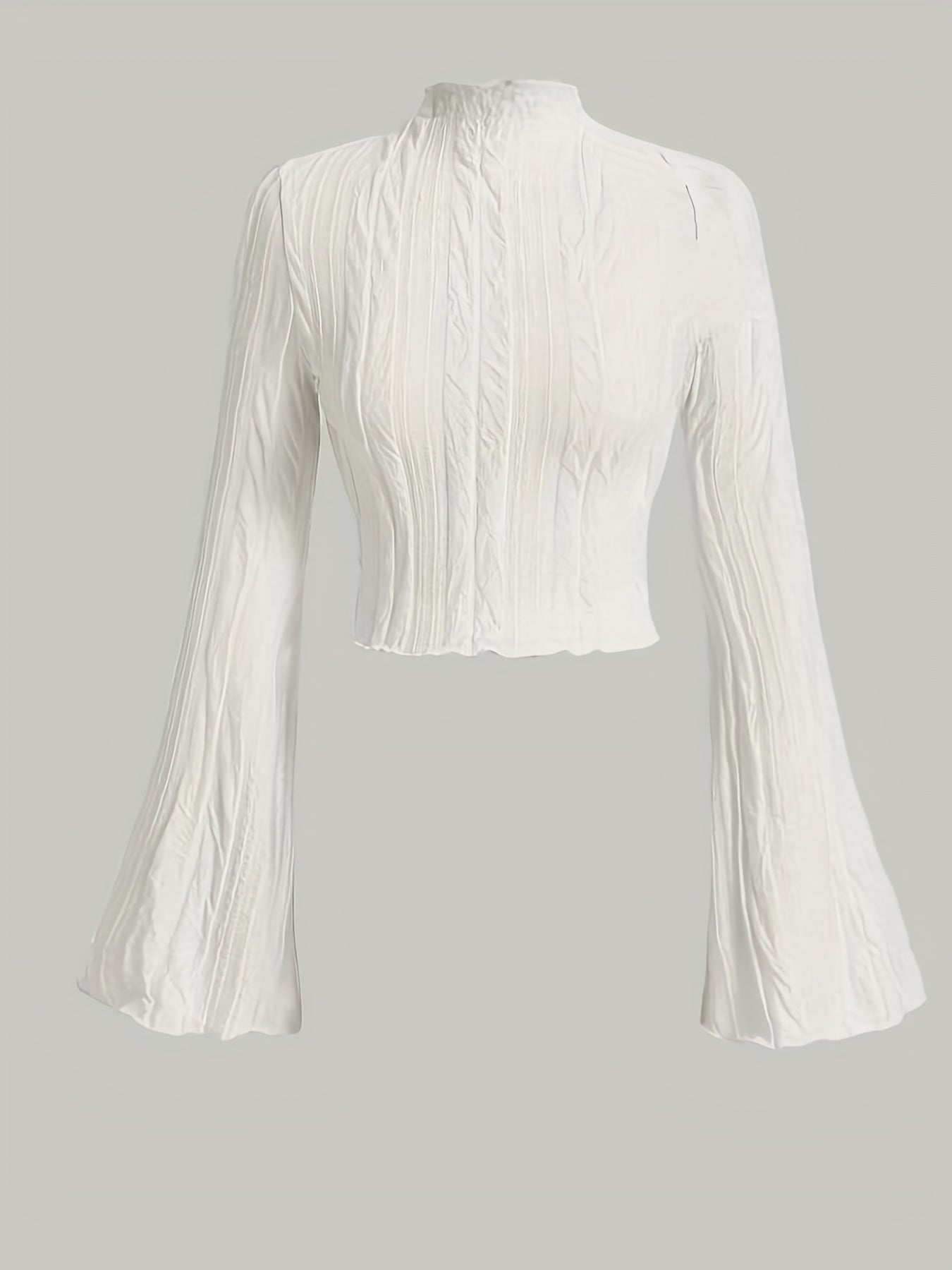 Textured cropped top with flared sleeves and lettuce trim mock neck, ideal for spring and fall.