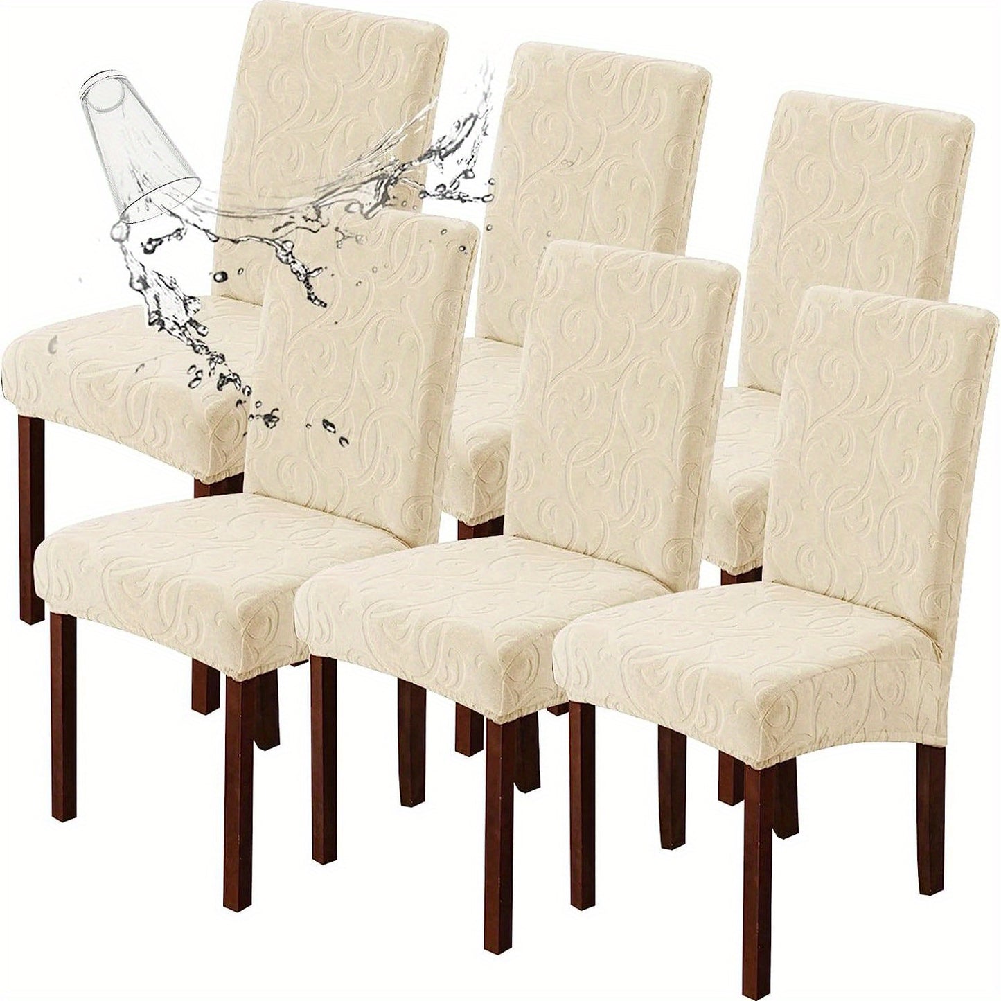 Waterproof chair slipcovers in 4pcs or 6pcs, stretch jacquard design for dining chairs. Removable, washable protector for home or commercial use.