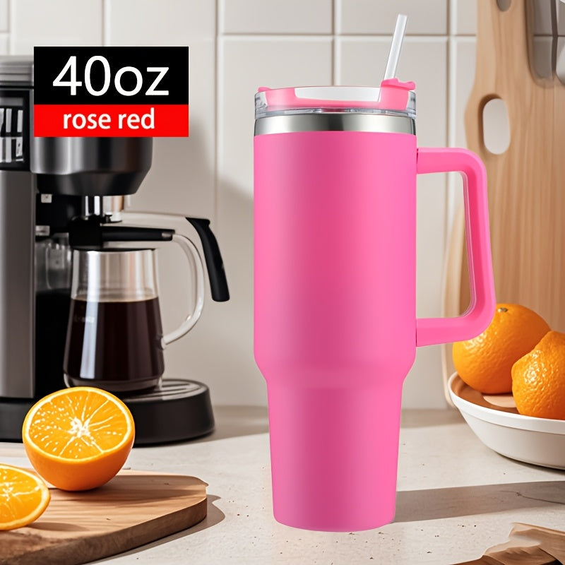 Insulated stainless steel tumbler with handle & straw, ideal for hot and cold drinks on-the-go. Great for camping, driving, and outdoor sports. Perfect gift for Christmas, Mother's Day, Father's Day, or Thanksgiving.